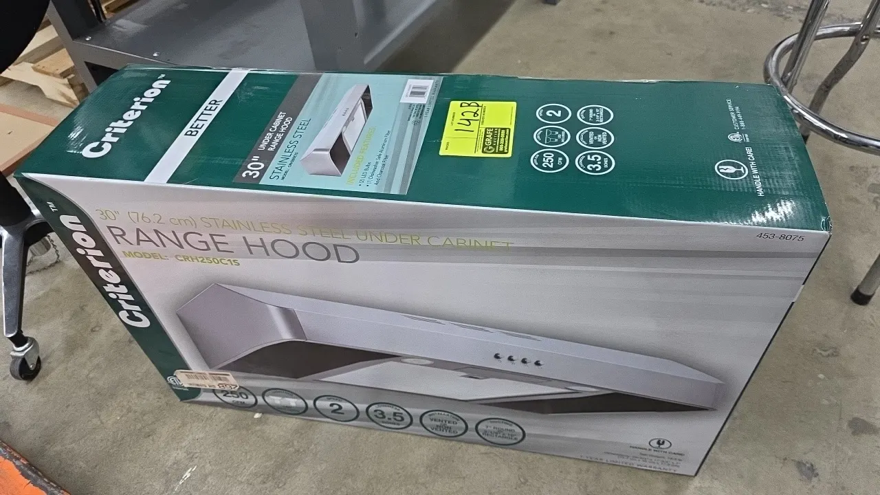 Criterion CRH250C1S 30" stainless steel under cabinet range hood. Features 2-speed fan, 250 CFM airflow, 3.5 sones rating, convertible vented or non-v