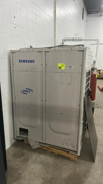 Samsung DVM S commercial variable refrigerant flow (VRF) outdoor condensing unit. Features top-discharge fan design and side condenser coils. Note: Lo
