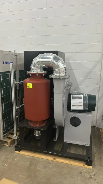 2023 Cincinnati Fan HP-RE23 industrial pressure blower assembly. Features skid-mounted base, integrated silencer vessel, flanged duct elbow, and 20 HP