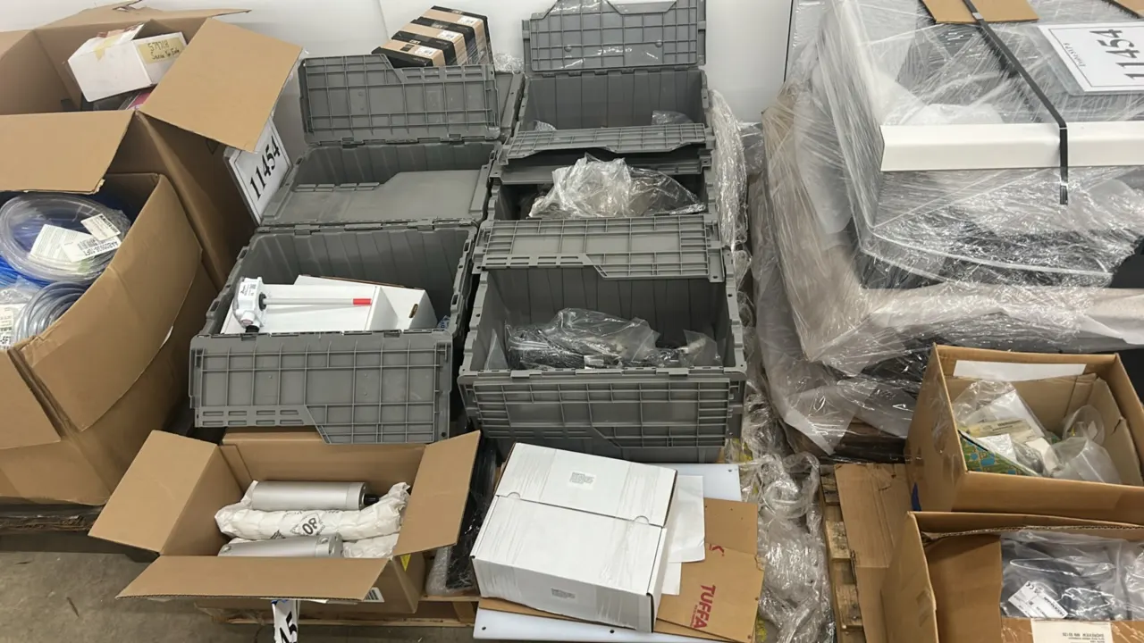 Assorted industrial components. Includes double-acting pneumatic air cylinders, Dwyer Instruments Series RHPX humidity and temperature transmitter, as