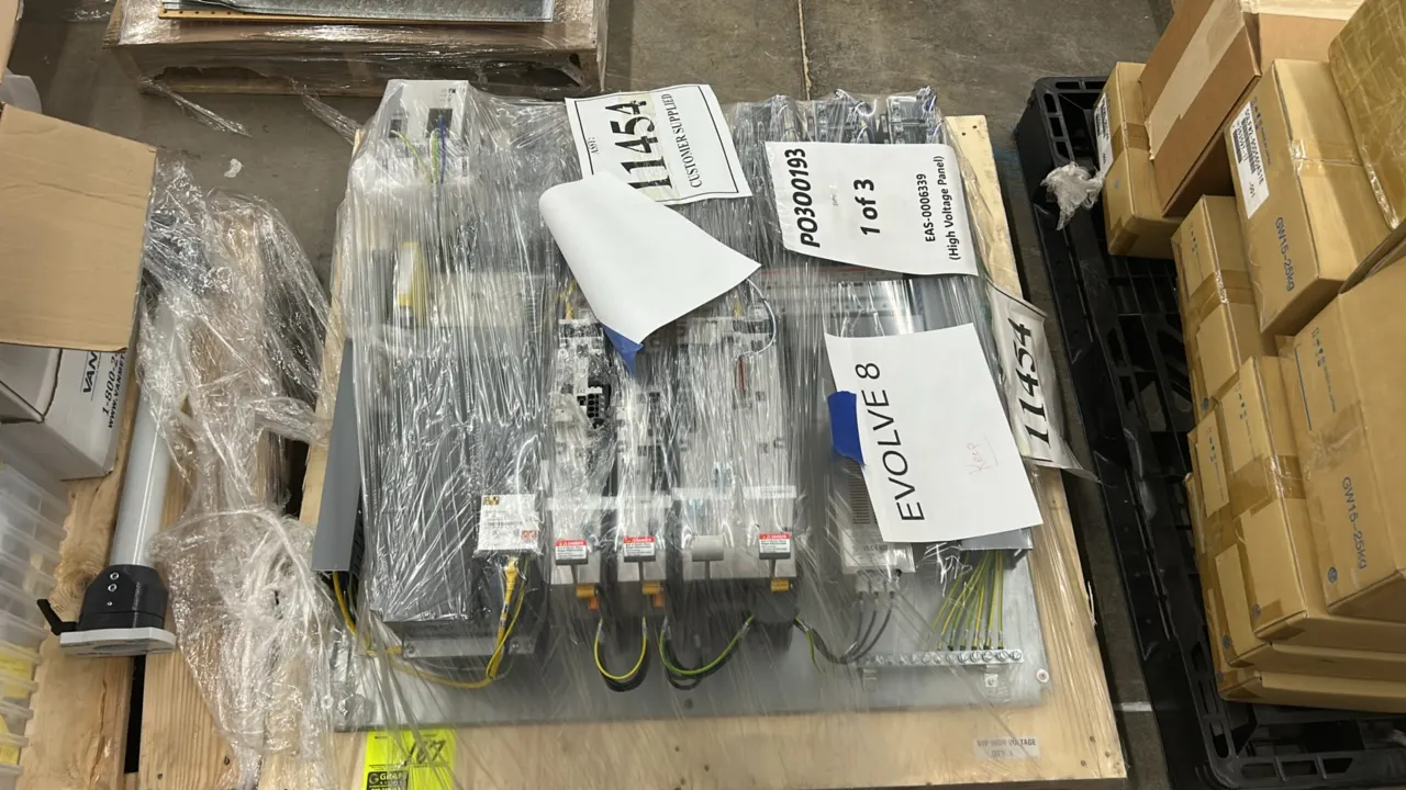 Evolve 8 EAS-0006339 high-voltage electrical panel assembly. Features a pre-wired metal subpanel equipped with modular drives, power distribution comp