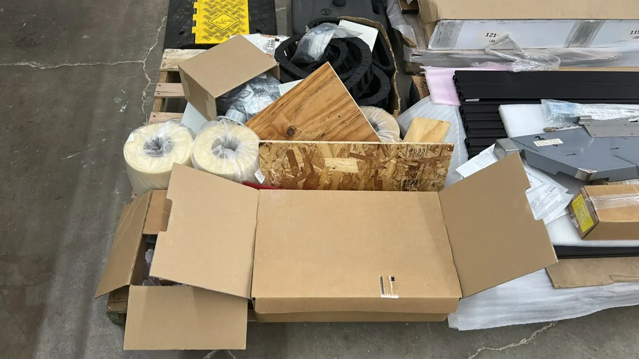 Pallet lot of industrial components and wiring accessories. Includes Igus black plastic cable carrier energy chains, assorted cables, Heidenhain Autom