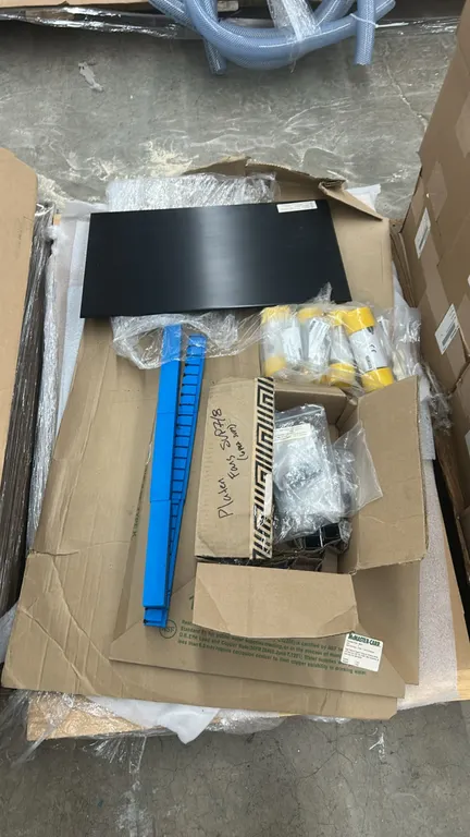 Package lot of electrical and machine components. Includes miniature DC brushless radial blower fans, a black metal cooling platen plate, Exair cylind