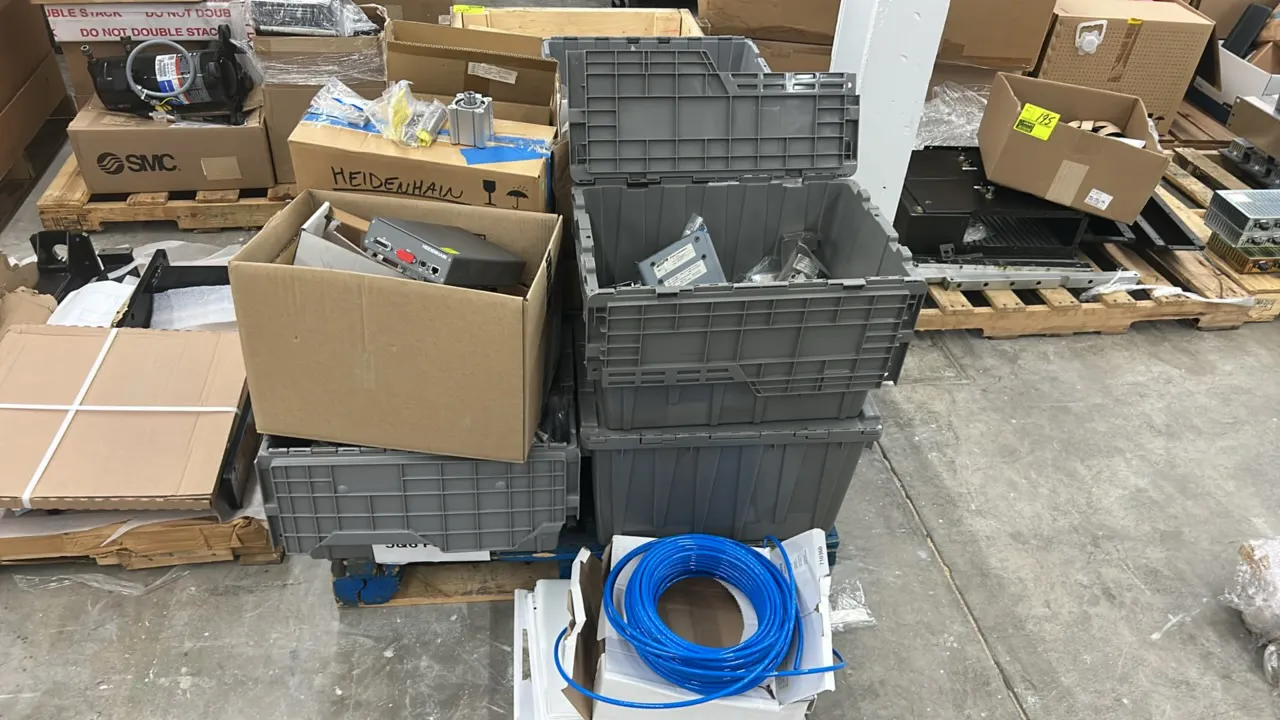 Assorted industrial parts and equipment lot. Includes Heidenhain PWM 20 portable diagnostic and testing unit, SMC CQ2 series compact pneumatic cylinde