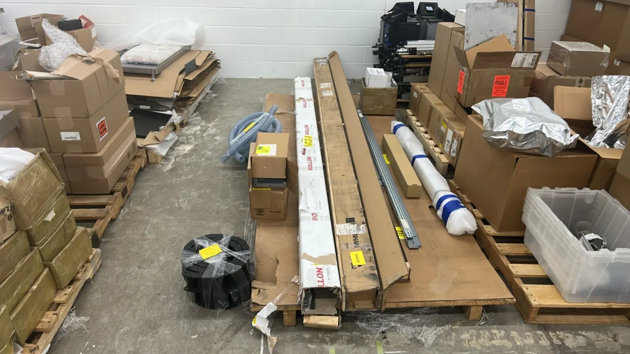 Linear motion components package lot. Includes Heidenhain linear encoder, Rollon linear guide rail system, polymer cable drag chain, flexible hose/tub