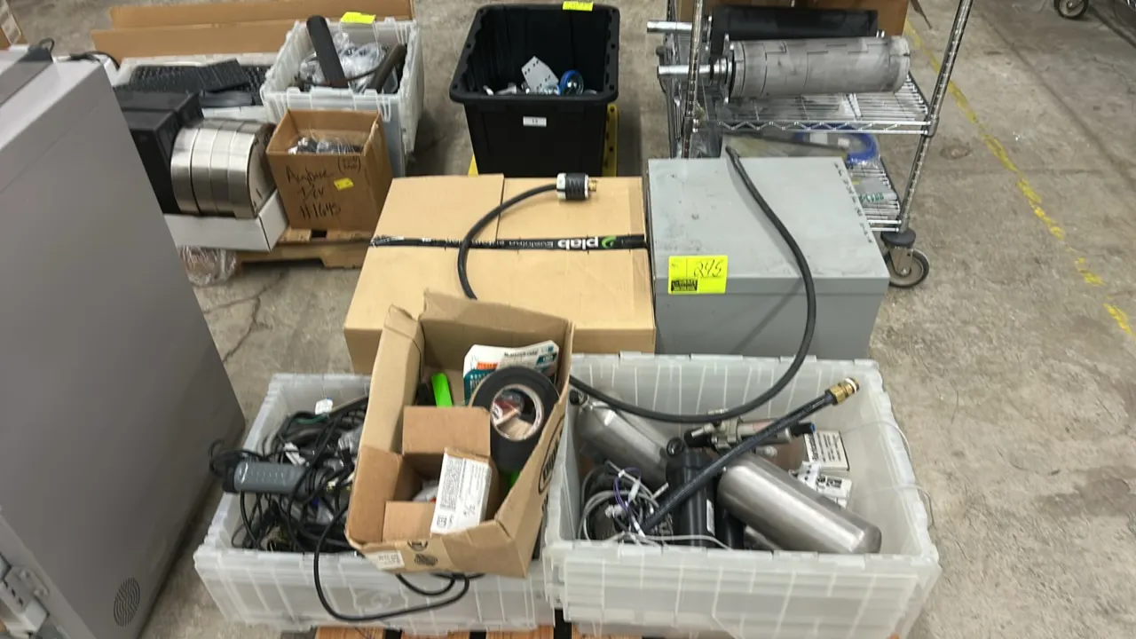 Package lot of industrial components and electrical supplies. Includes exhaust traps and duct fittings, stainless steel air tanks, assorted wiring and