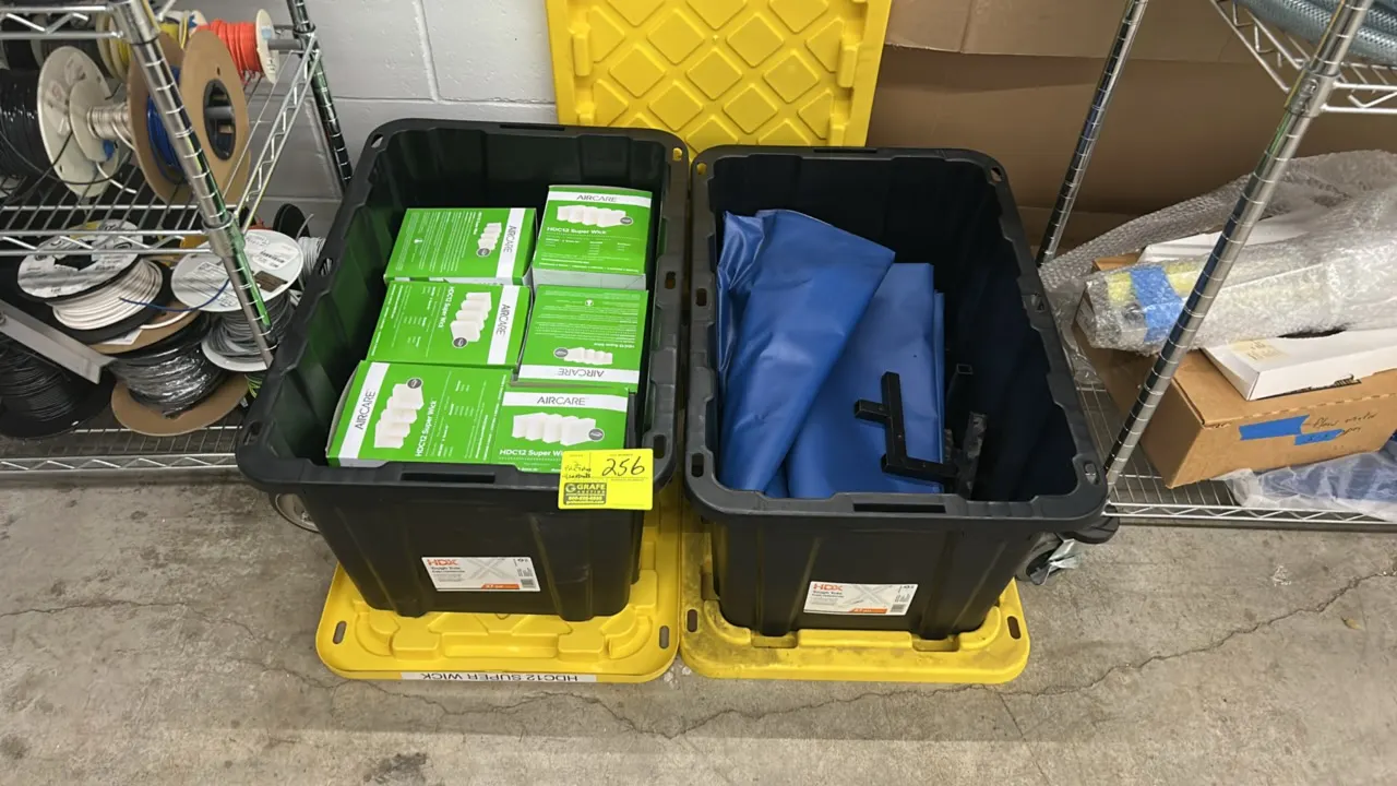 AIRCARE HDC12 humidifier filters, poly tarp, and storage totes package lot. Includes (6) boxed AIRCARE HDC12 Super Wick replacement wick filters, (1)