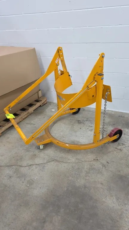 2025 Global Industrial 952800 mobile drum carrier. Features 800 lb capacity, steel drum cradle with chain clamp, and manual tilt handle. Fits 55-gallo