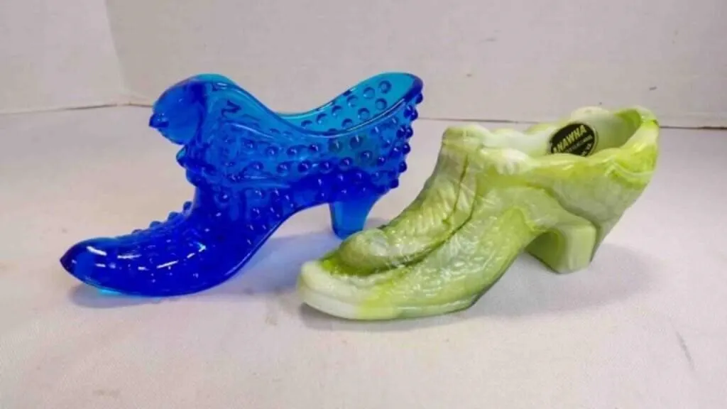 Vintage Slag Green Glass & Fenton Blue Glass Shoe