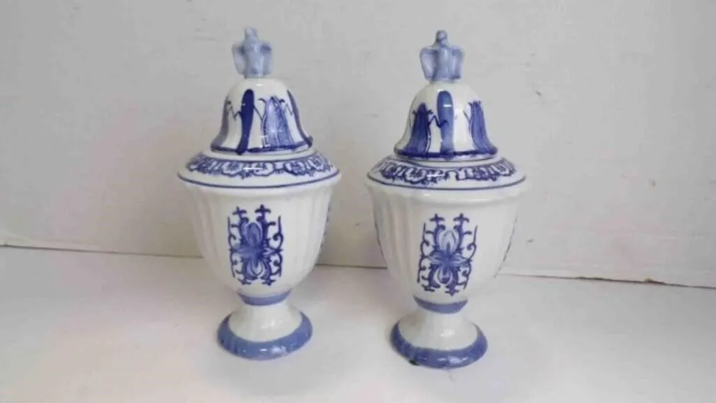 Pair of Vintage Blue & White Porcelain Lidded Urns