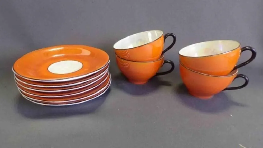 10 Vintage Orange Ceramic Glazed Saucers & Cups