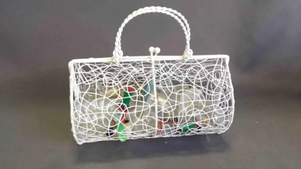 Vintage White Wire Basket Filled w/ Empty Bottles