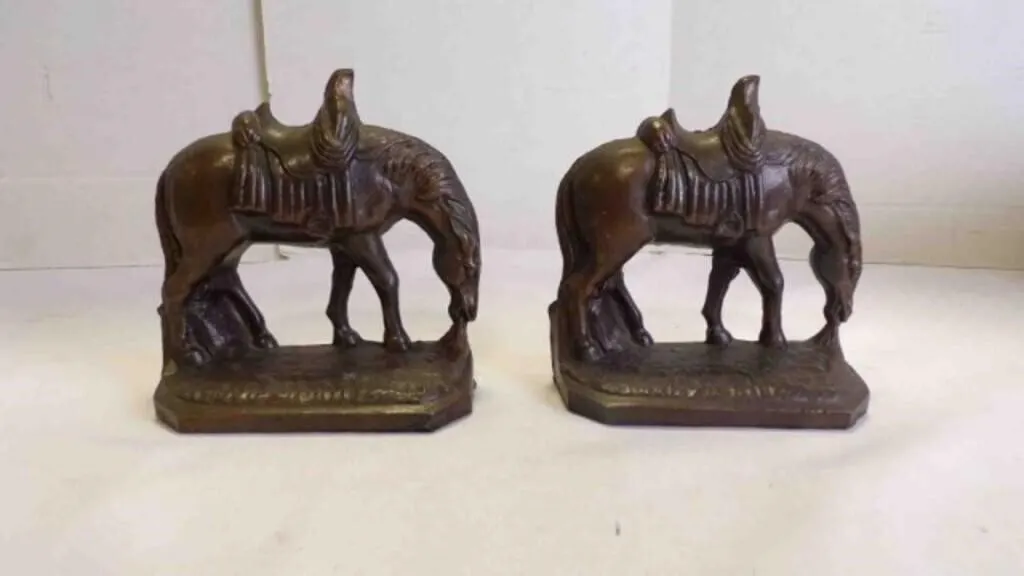Vintage Cast-Iron Saddled Grazing Horse Bookends