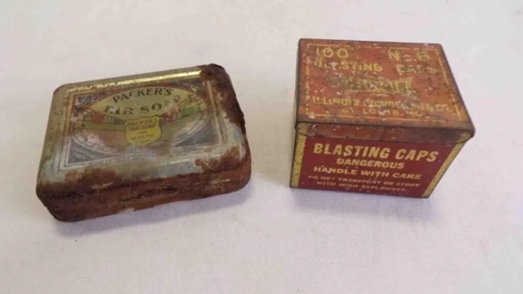 (2) Vintage Tin Rusted Cans (1) Blasting Caps Can