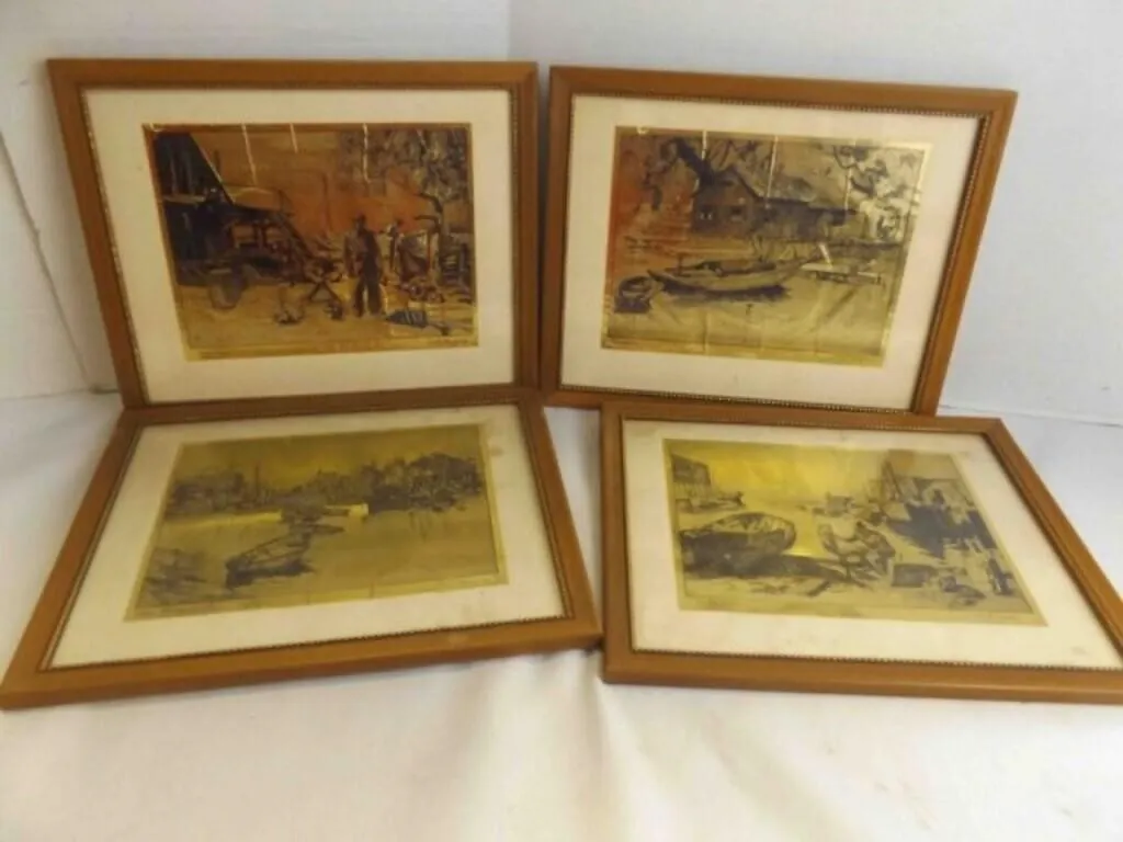 Set Of 4 Framed Gold Foil Or Metallic Tone Prints