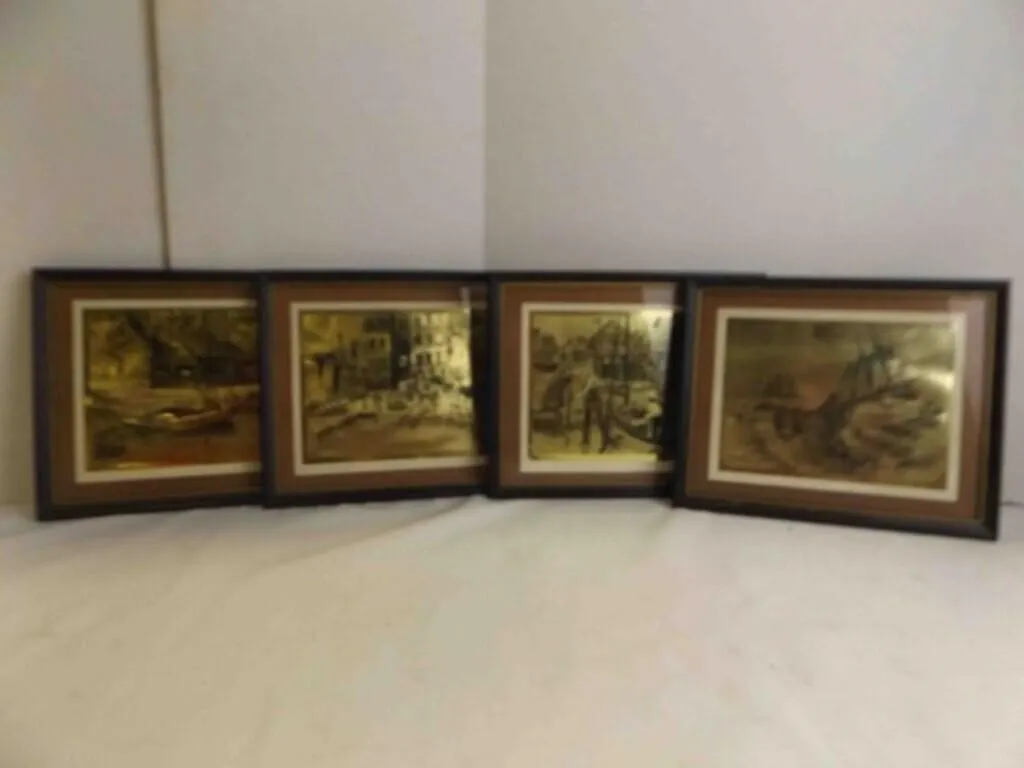 Set Of 4 Framed Gold Foil Or Metallic Tone Prints