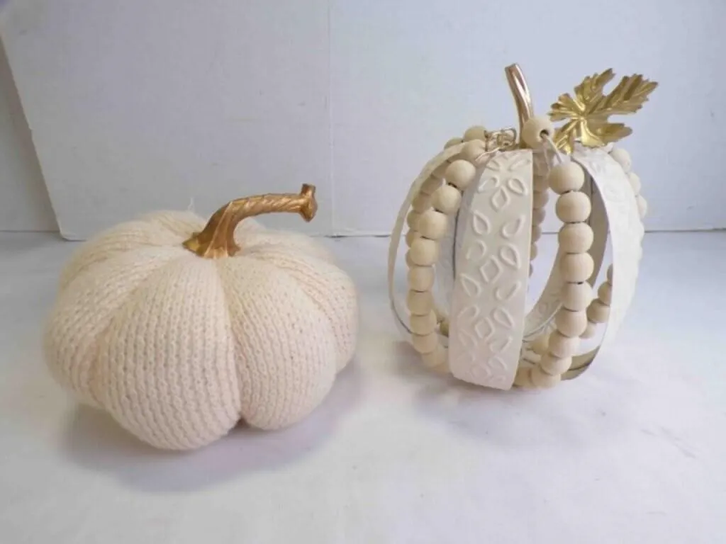 (2) Cream & Gold Metal & Wood Bead Pumpkin Candle