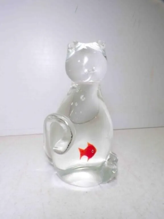 Clear Glass Hand Blown Cat Paperweight w/Goldfish