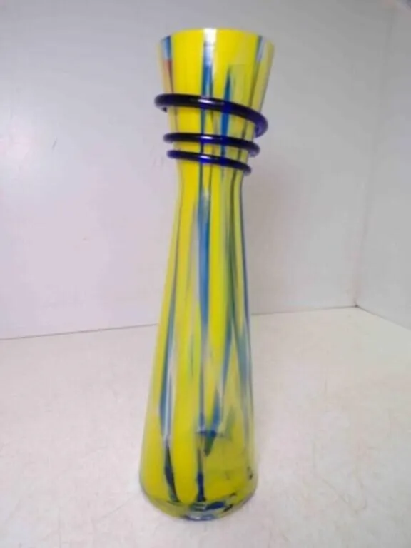 Yellow Blue & Orange Swirl Art Glass Vase w/Cobalt