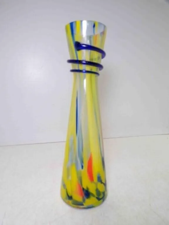 Yellow Blue & Orange Swirl Art Glass Vase w/Cobalt