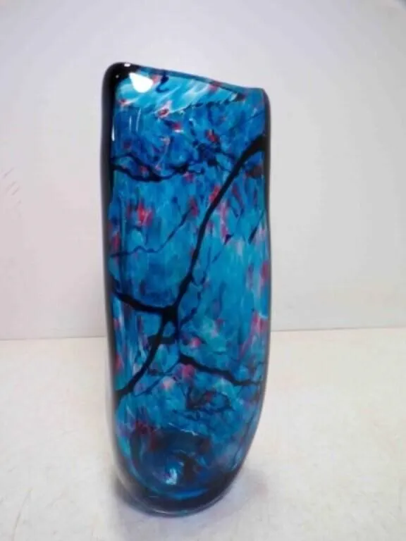 Hand Blown Art Glass Triangular Vase Blue & Black
