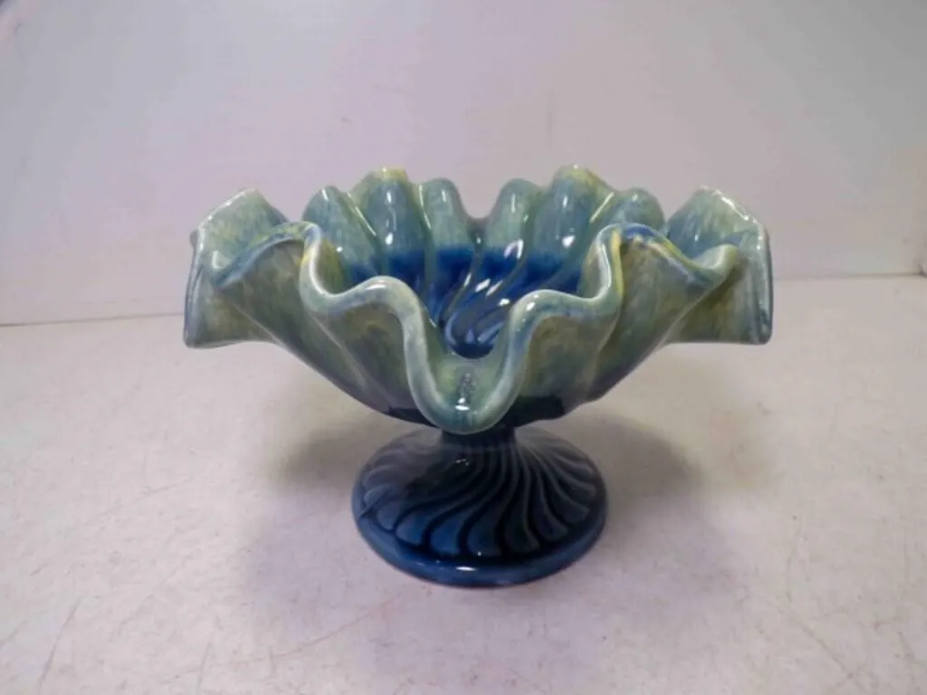 Vintage Pottery Pedestal Compote Bowl Blue, Green