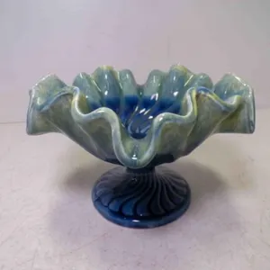 Vintage Pottery Pedestal Compote Bowl Blue, Green