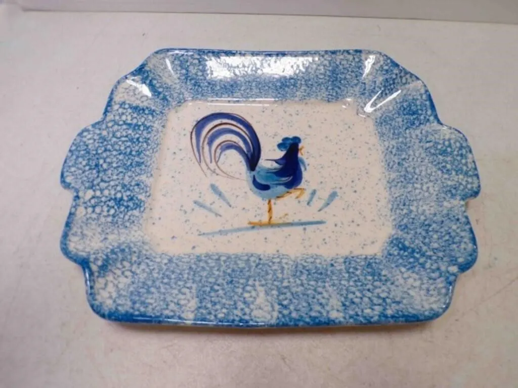 Vintage Blue Spongeware Speckled Rooster Serving