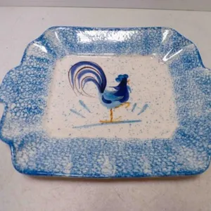 Vintage Blue Spongeware Speckled Rooster Serving