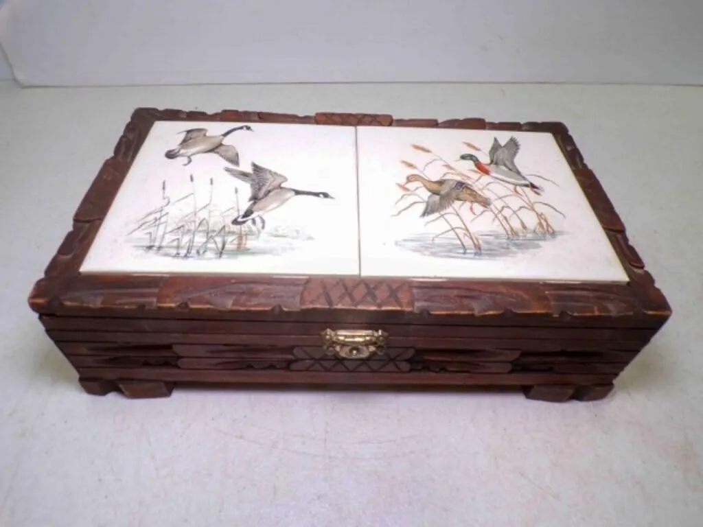 Vintage Carved Wooden Trinket Box Ceramic Tiles