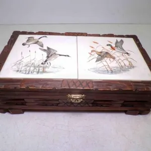 Vintage Carved Wooden Trinket Box Ceramic Tiles