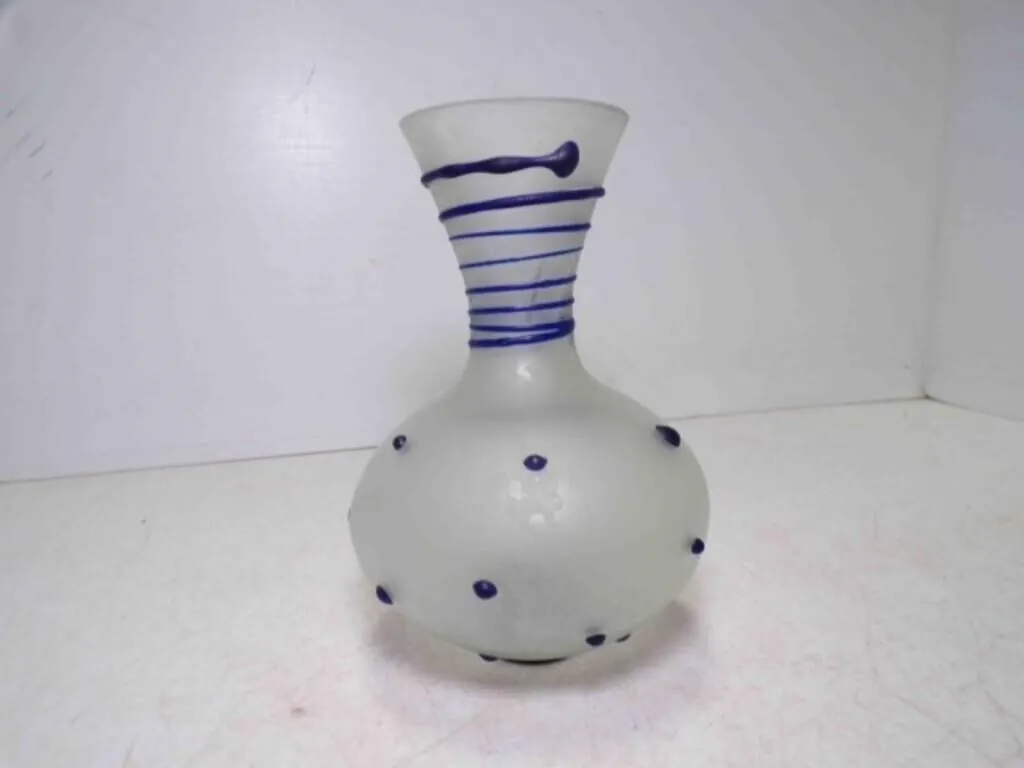 Vintage Frosted Art Glass Vase w/Cobalt Blue