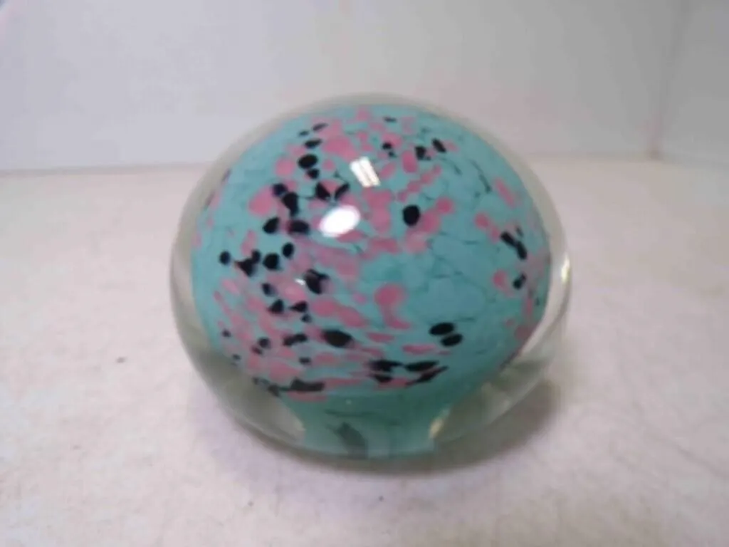 Hand Blown Art Glass Paperweight Teal Interior w/