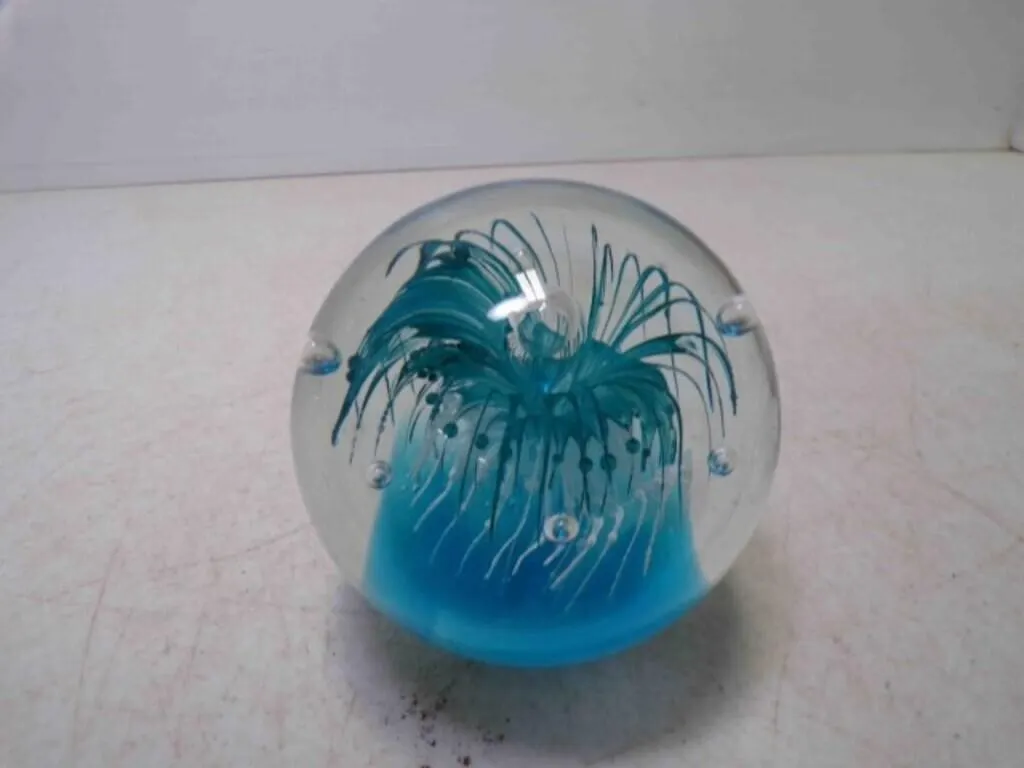 Hand Blown Art Glass Sphere Paperweight Teal Sea