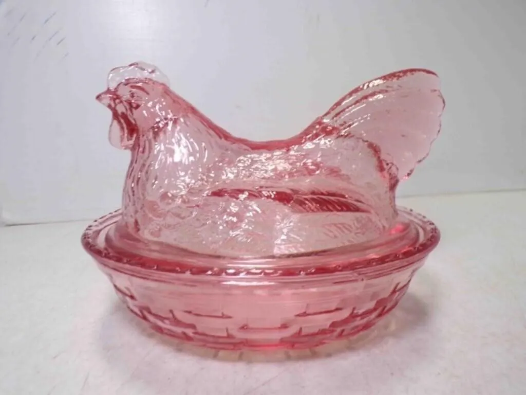 Longaberger Pink Glass Hen on Nest Woven Basket