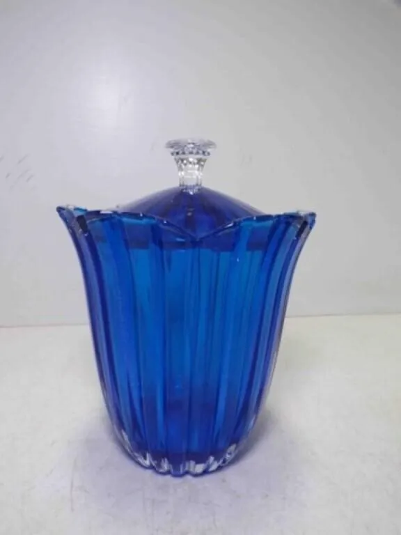 Vintage Cobalt Blue Glass Covered Jar or Biscuit
