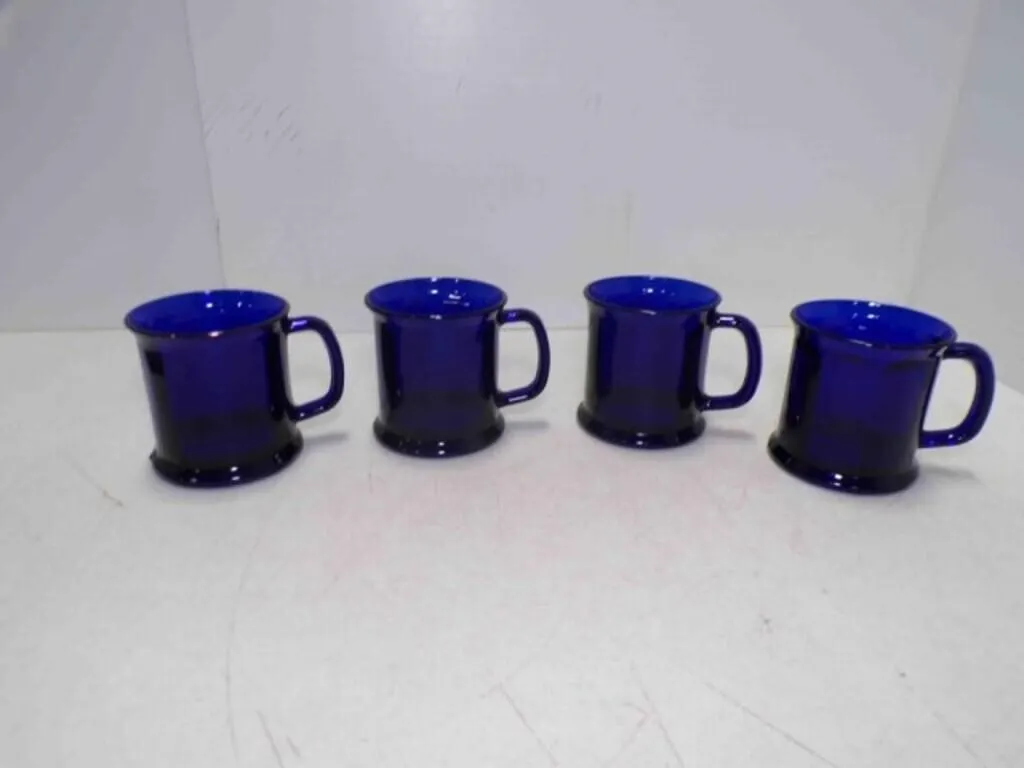 (4) Vintage Cobalt Blue Glass Coffee Mugs USA