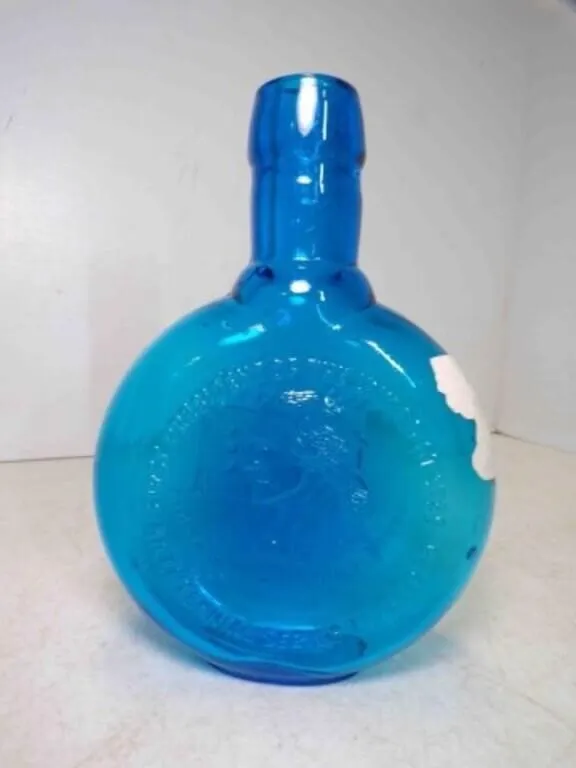 Vintage Cobalt Blue Glass Commemorative Flask