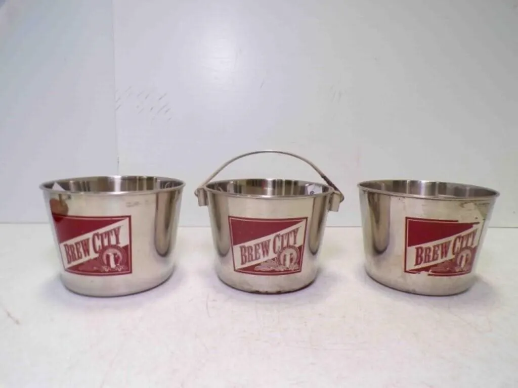 (3) Vintage Brew City Metal Bar Table Buckets