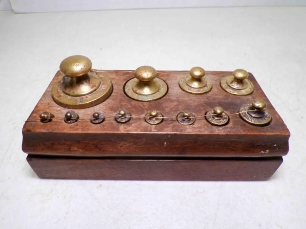 Vintage Set Brass Scale Weights Mounted in Wood