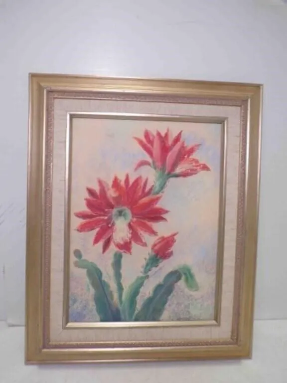 Pastel Chalk Drawing Cactus Blossom Framed Signed