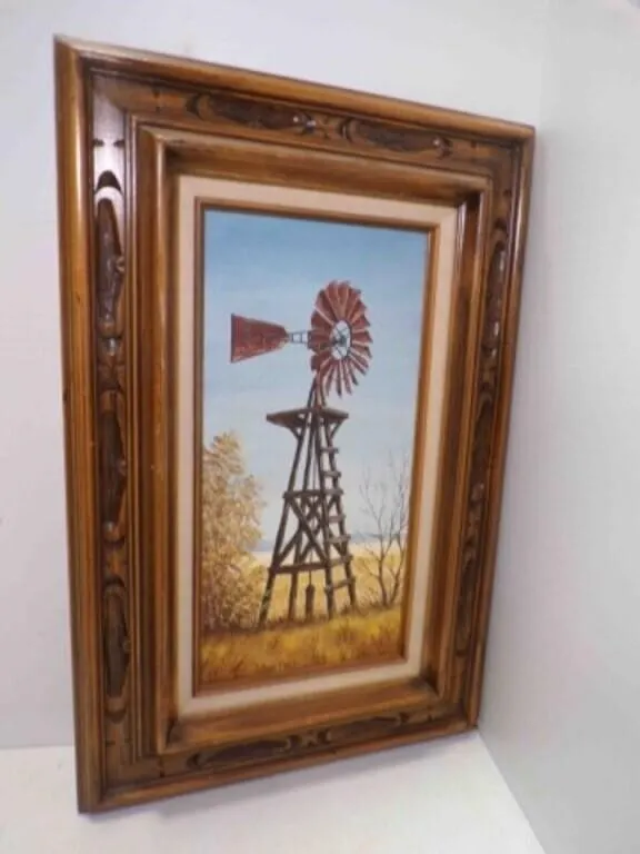 Framed Oil Painting Rustic Farm Windmill Scene