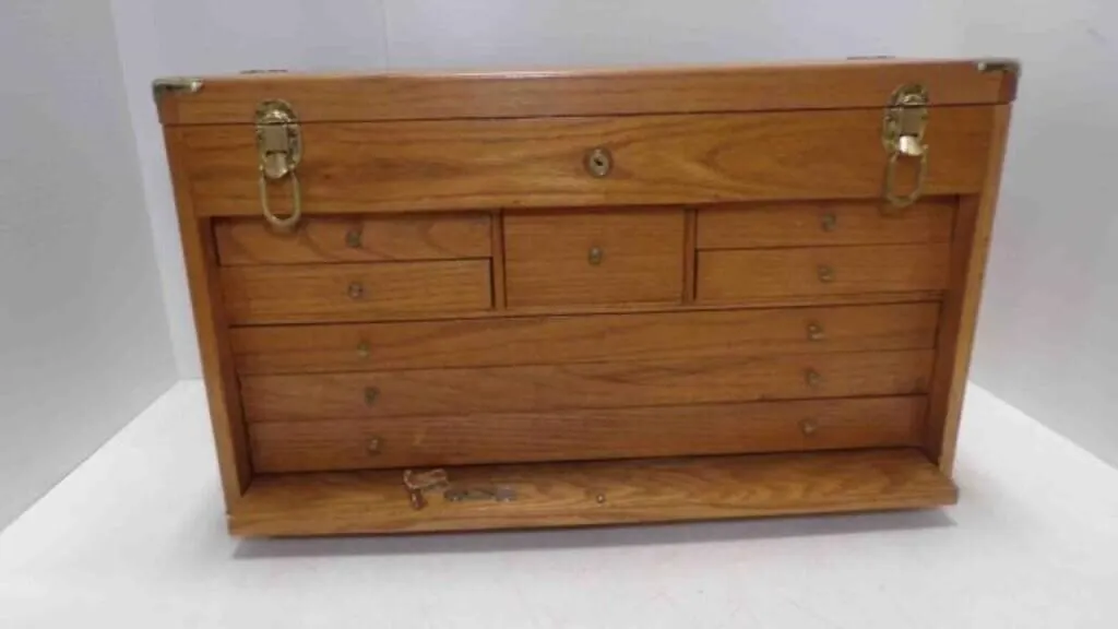 Vintage Oak Machinist Locking Tool Chest - 1 Brass