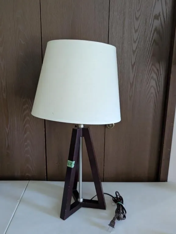 Modern Lamp with Wooden Base. Turns On. 27" Tall.