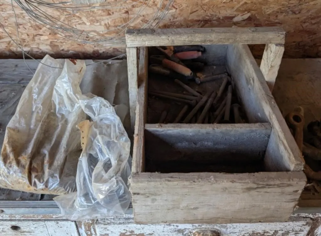 Wooden Box with Large Bolts, Washers and Booster