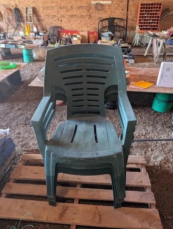 3 Plastic Green Lawn Chairs.