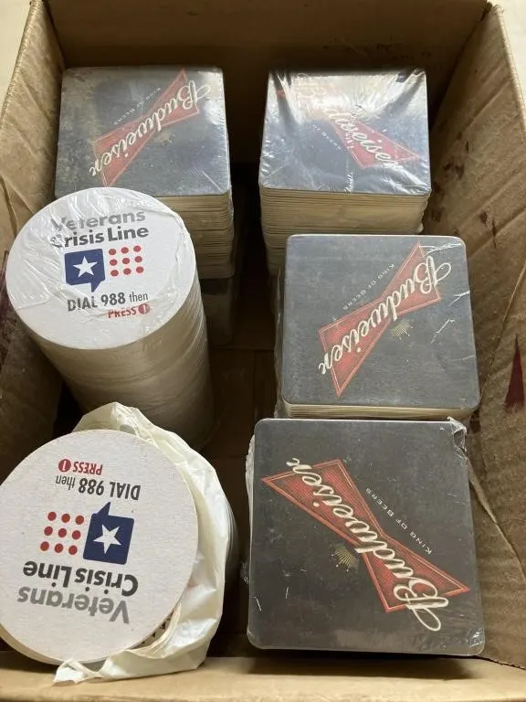 Box of assorted Budweiser, and Veteran Crisis