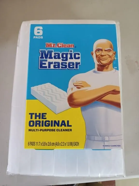 Box of assorted sponges, magic erasers, swiffer