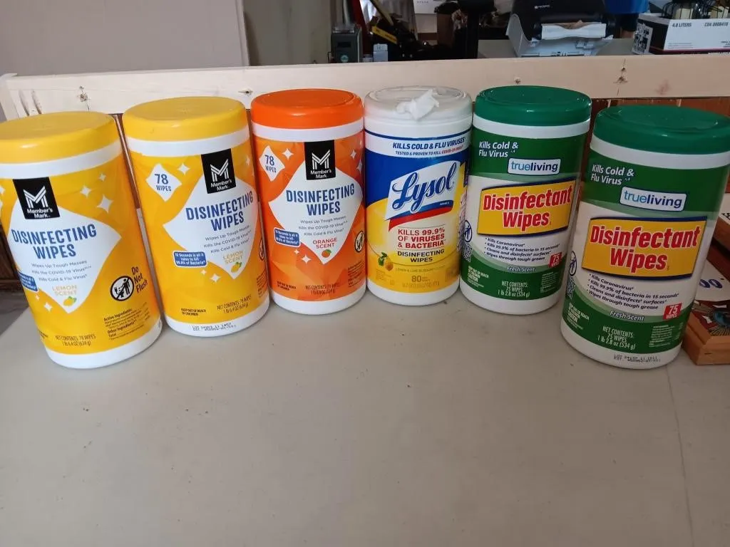 Disinfectant wipes. Six containers