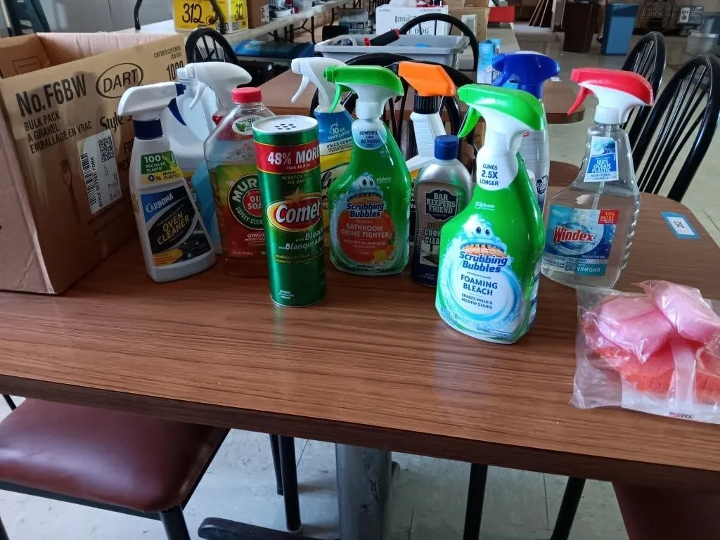 Box of various cleaning products.